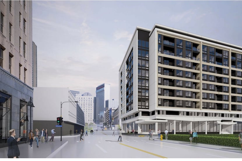 The nine-story apartment and retail building is planned at Harwood and Jackson streets.