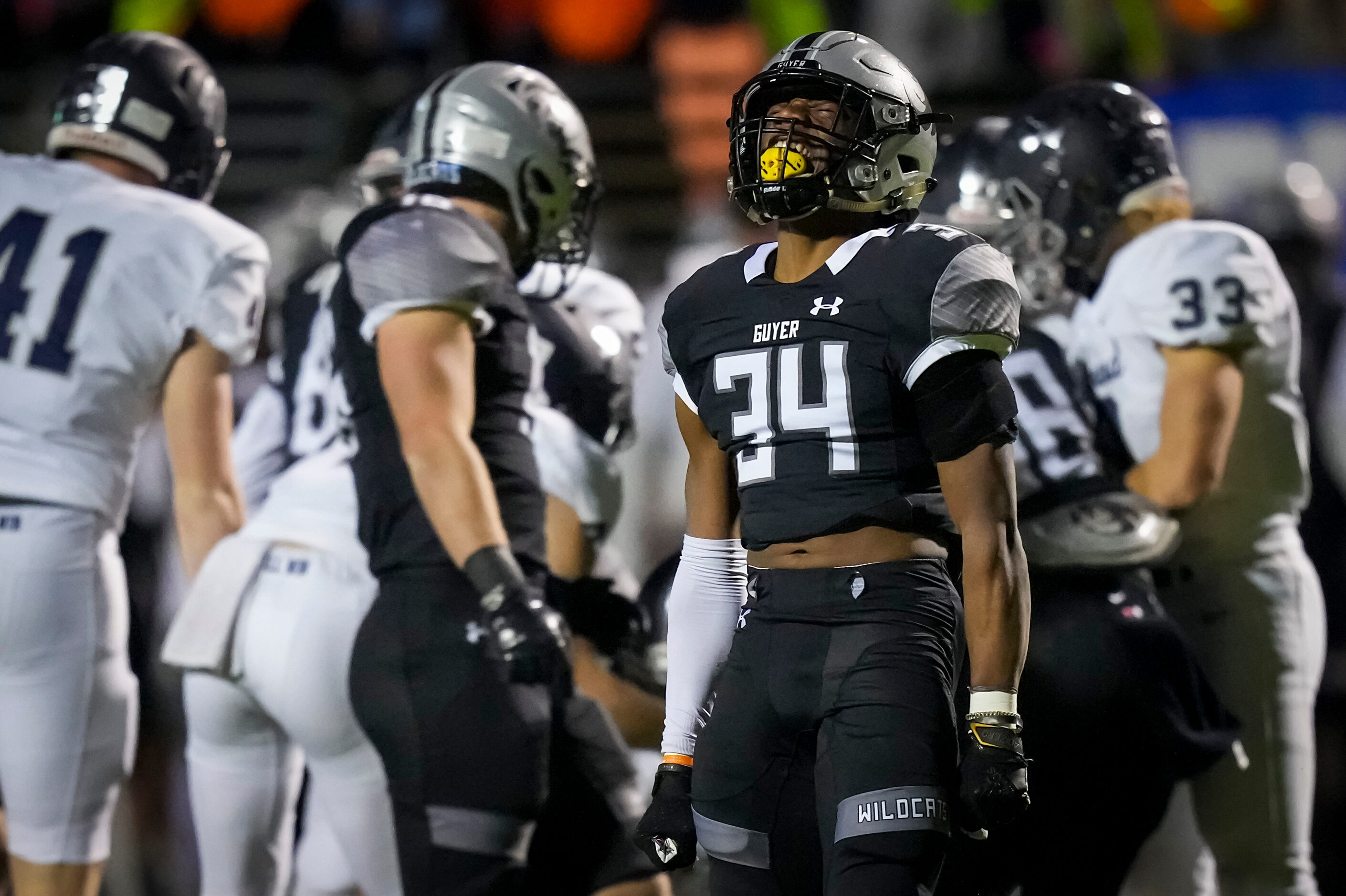 Denton Guyer defensive back Anthony Benford (34) celebrates a defensive stop during the...