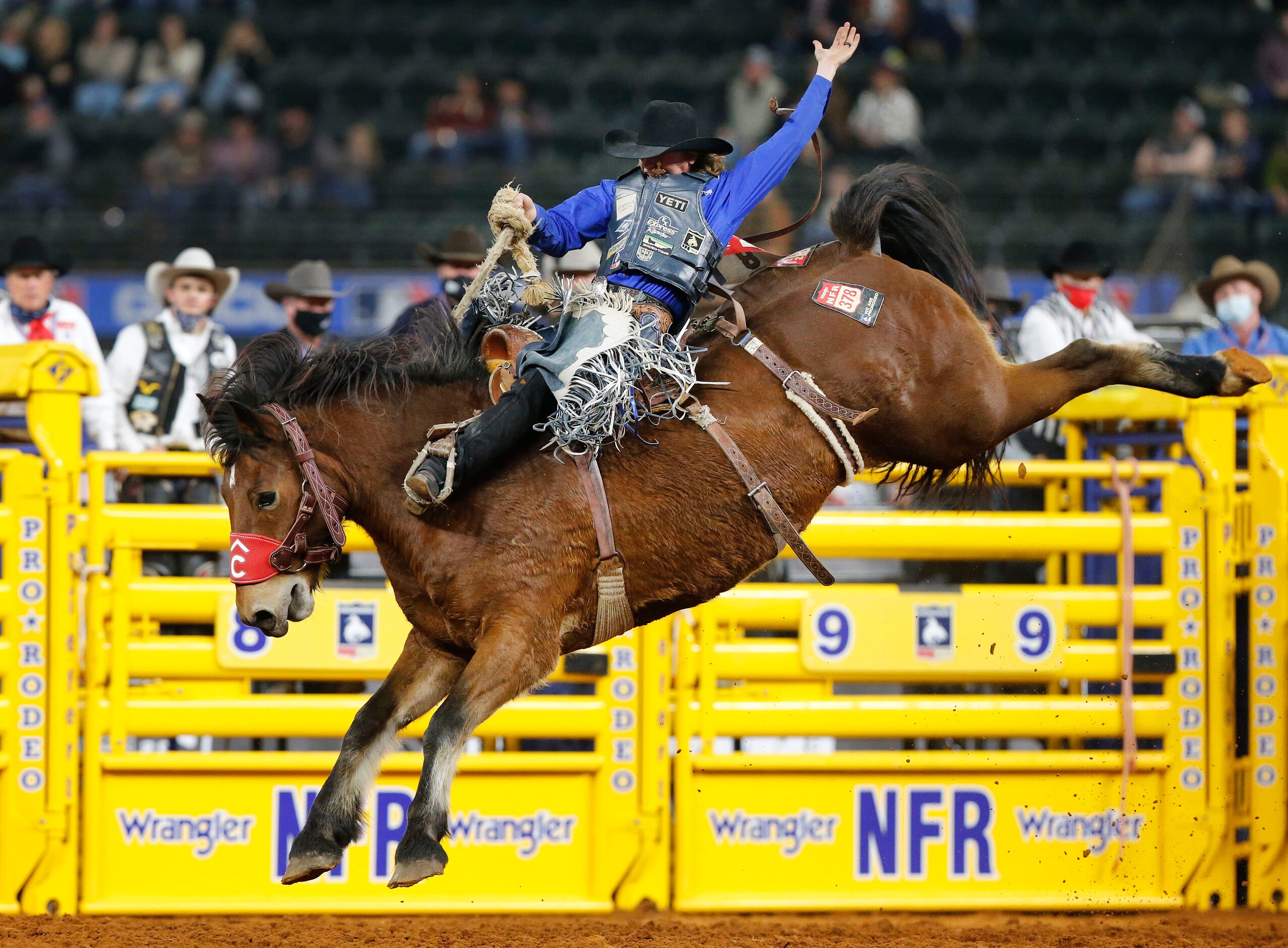 Saddle Bronc World Champion Ryder Wright of Milford, Utah rides Big Tex during Round 10 of...