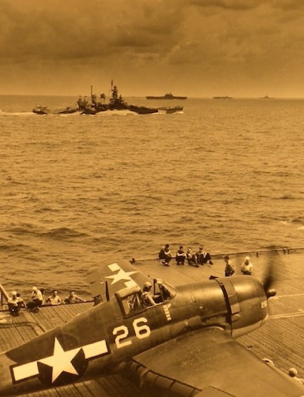 On June 13, 1944, off Saipan, an F6F Hellcat is ready for launch from the USS Lexington. ...