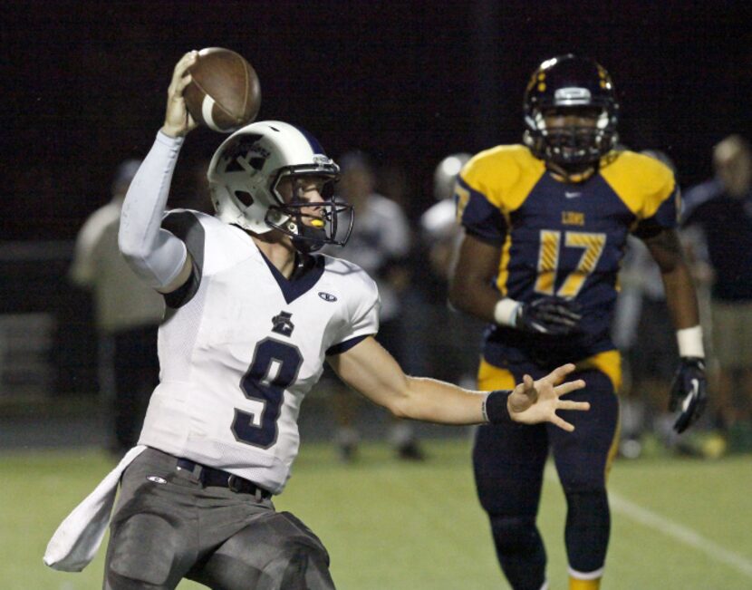 Prestonwood Christian Academy strong safety Deonte Williams (17) gives chase to Liberty High...