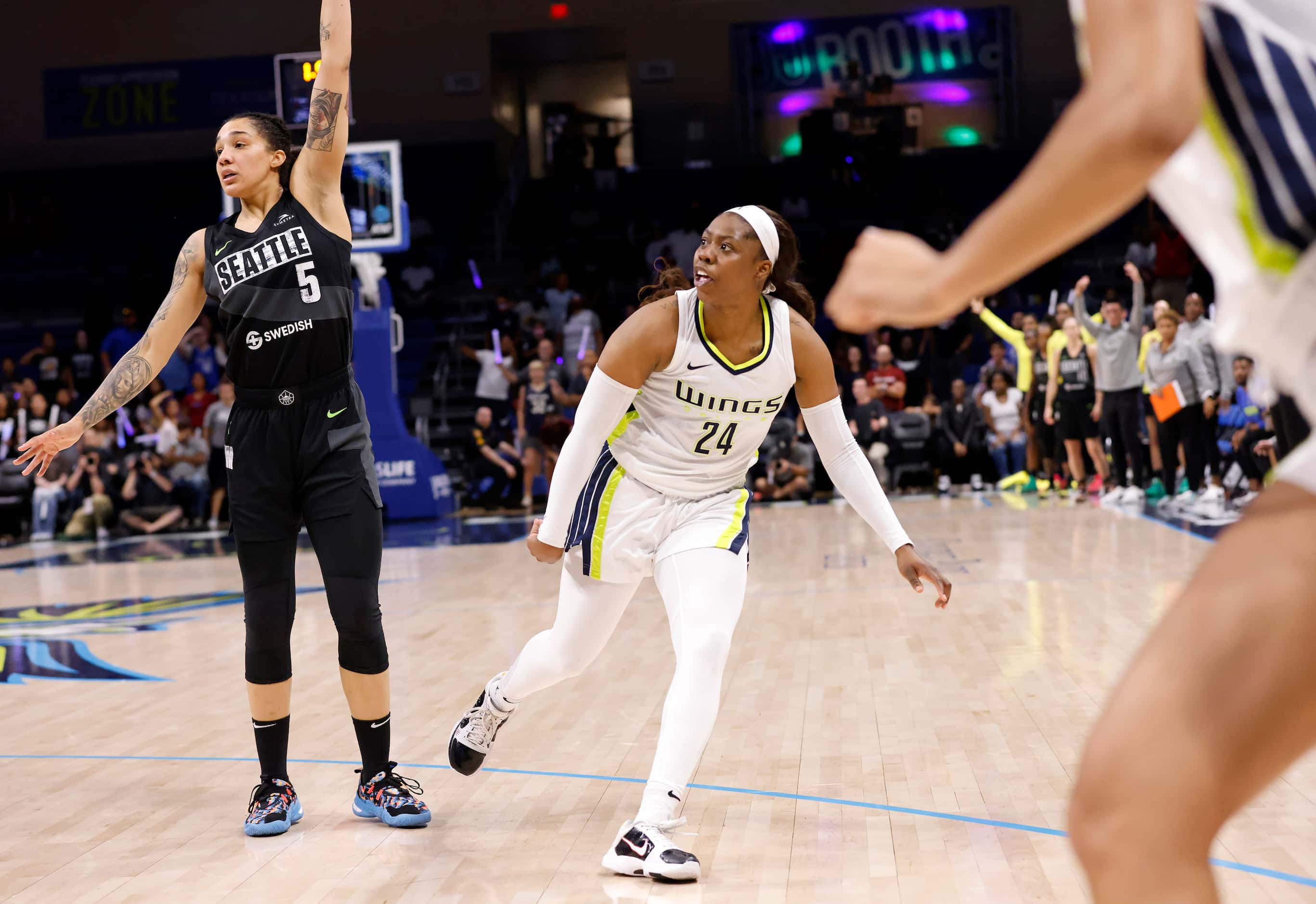 Dallas Wings guard Arike Ogunbowale (24) watches after her last second shot against the...