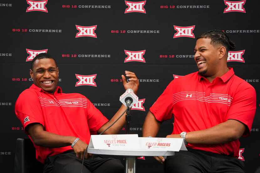 Texas Tech wide receiver Myles Price (left) laughs with offensive lineman Caleb Rogers  as...