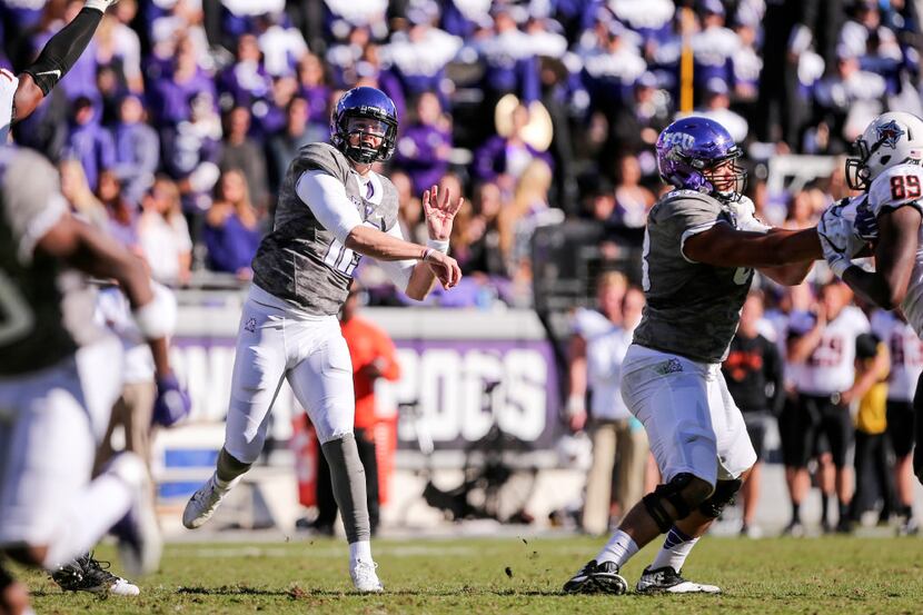 Texas Christian quarterback Foster Sawyer (12) passes the ball in the fourth quarter against...