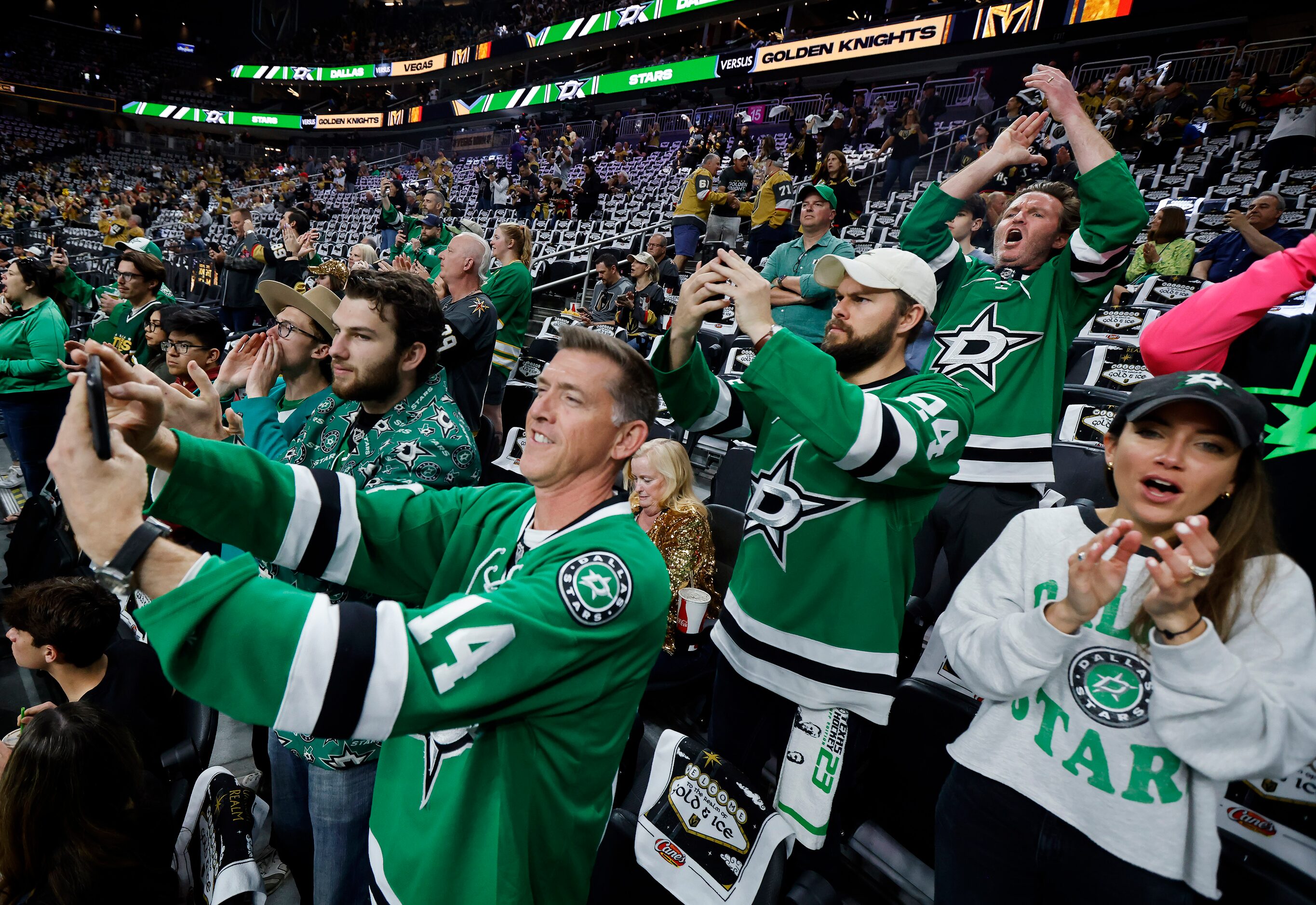 Dallas Stars fans Linda Desrosiers (left) and her friend Haley Ortiz of Los Angeles watch...