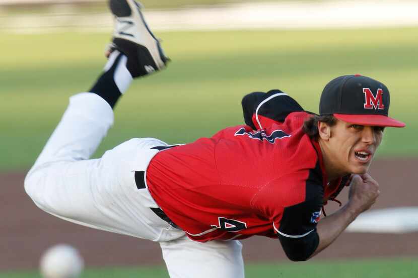 Blake Mayfield of Flower Mound Marcus delivers a pitch during Tuesday's 4-1 win against...
