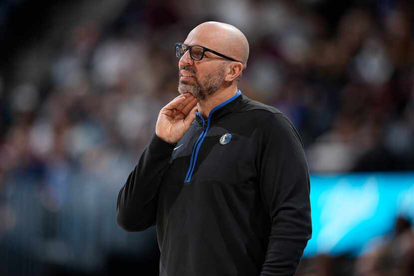 Dallas Mavericks head coach Jason Kidd looks on in the first half of an NBA basketball game...