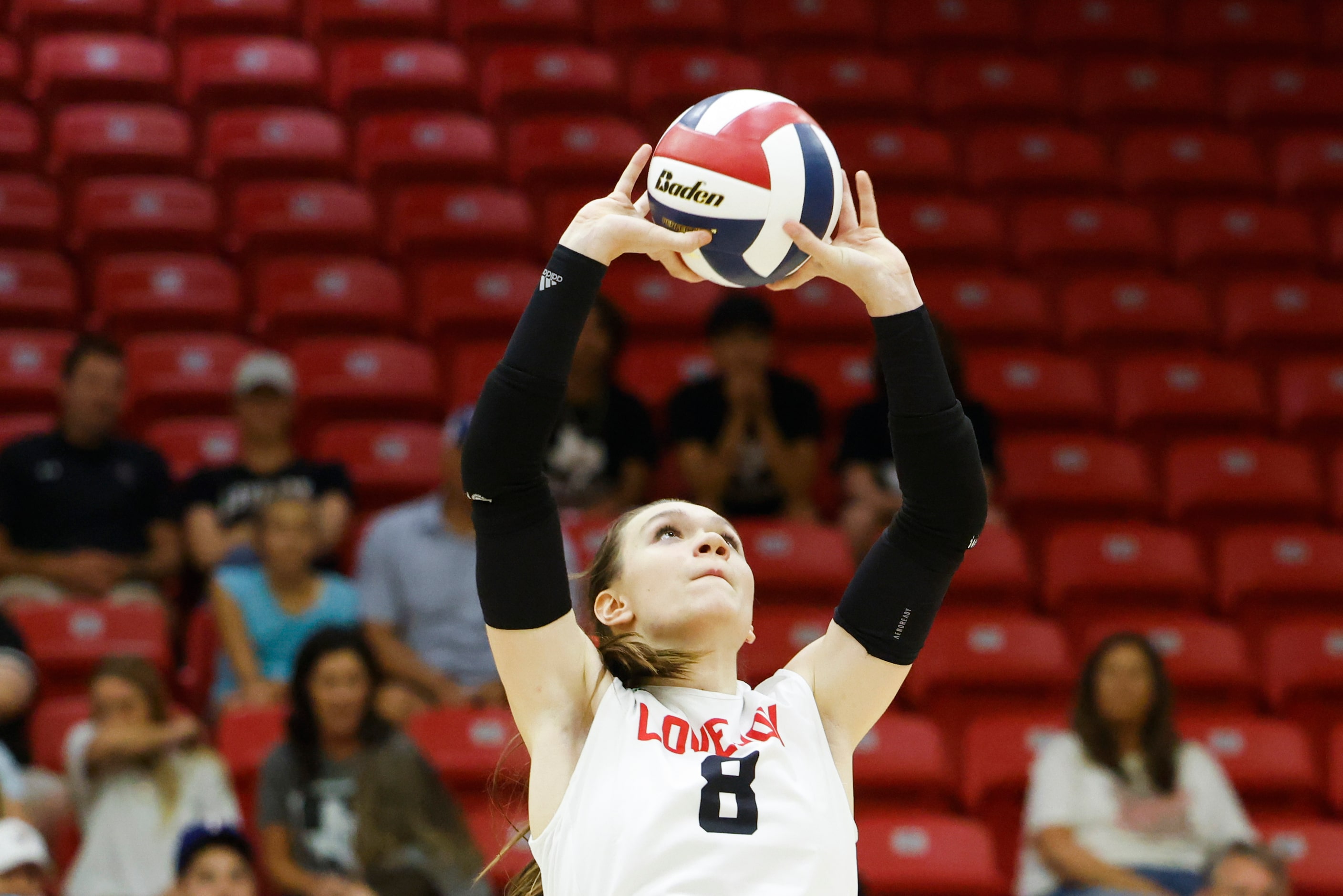 Lovejoy’s Nicole Cornell, left, lifts the ball against Prosper during a season-opening match...