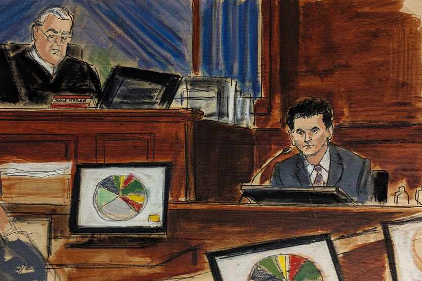 In this courtroom sketch, FTX founder Sam Bankman-Fried, right, testifies during his trial...