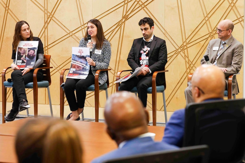 Dalia Cusnir (left), LeElle Slifer (center left) and Moshe Lavi (center right) talk while...