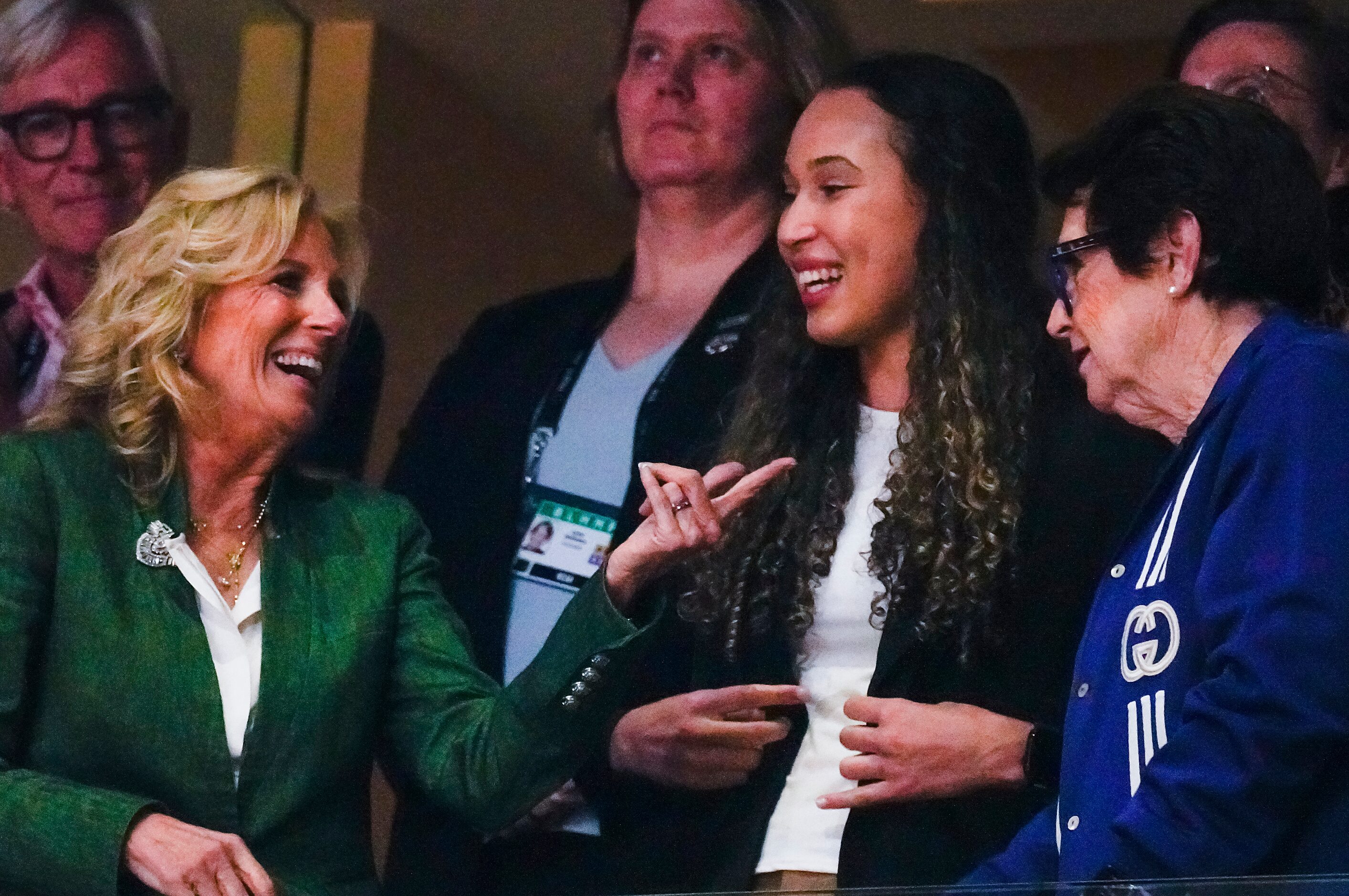 First Lady Jill Biden talks with Billie Jean King in a suite before the NCAA Women's Final...