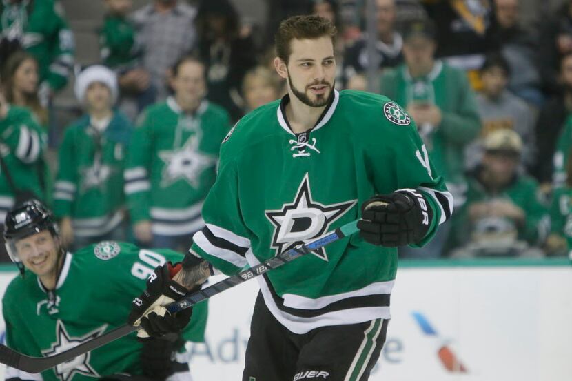 Dallas Stars center Tyler Seguin (91) skates the ice during warm-ups before an NHL hockey...