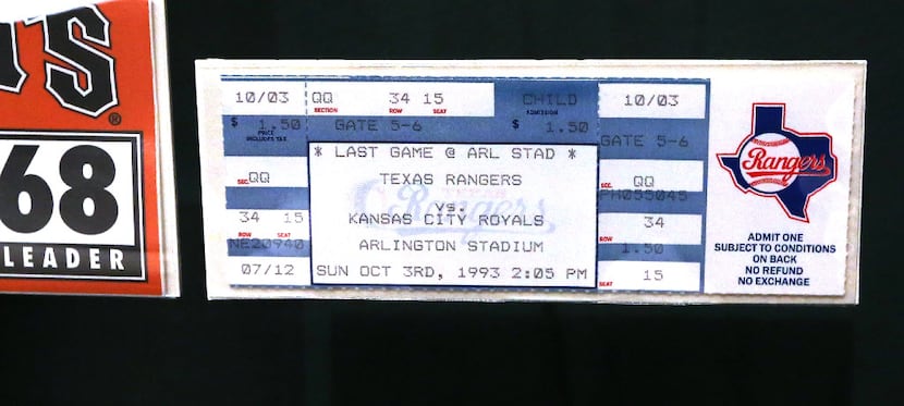 A ticket from the last game at Arlington Stadium is on display at the Baseball Hall of Fame...