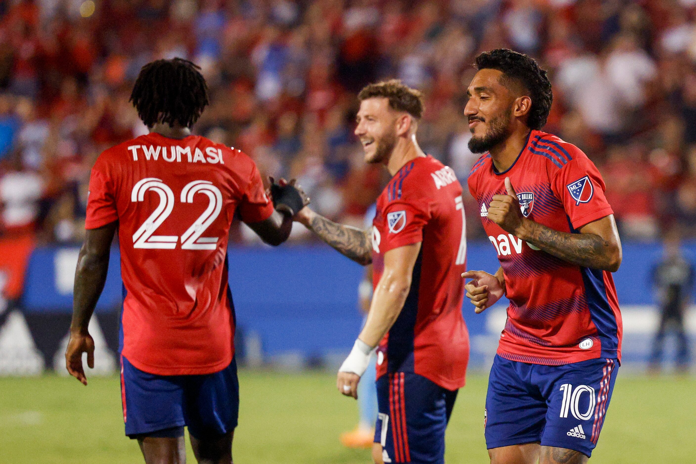 FC Dallas forward Jesús Ferreira (10) dances as he celebrates his goal alongside midfielder...