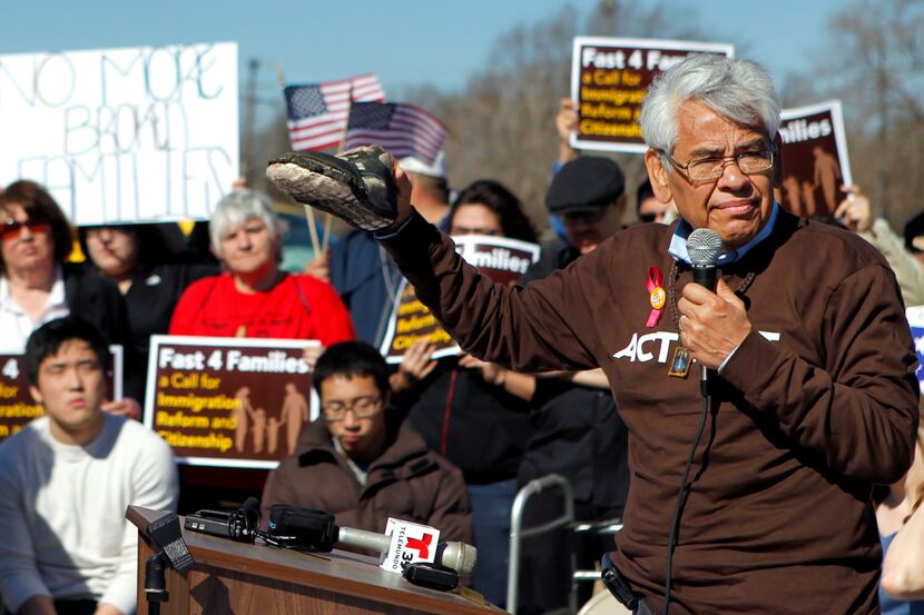 Eliseo Medina, a leader in the SEIU who fasted for 22 days, speaks at an immigration rally...
