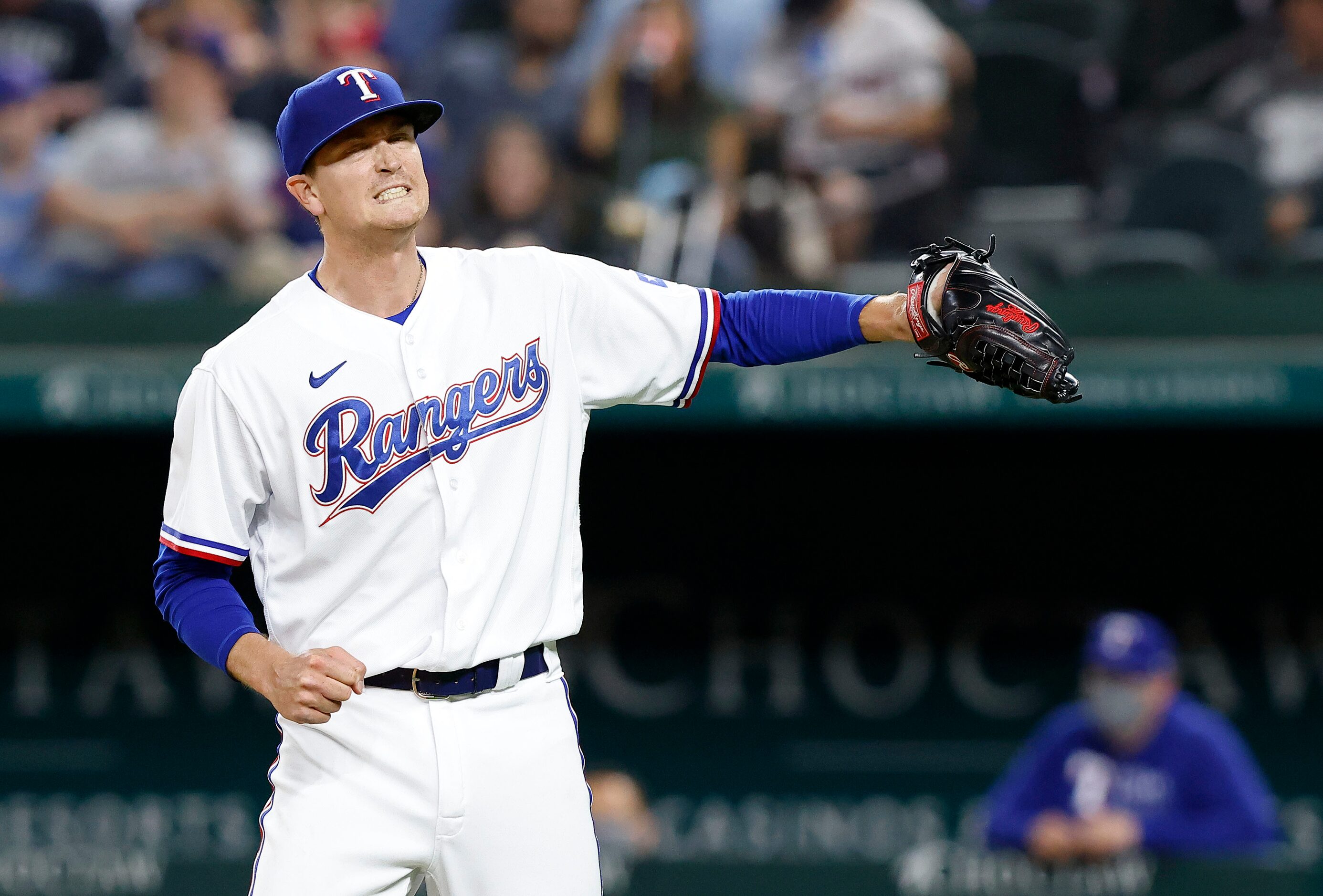 Texas Rangers starting pitcher Kyle Gibson (44) reacts after he didn't get a called strike...