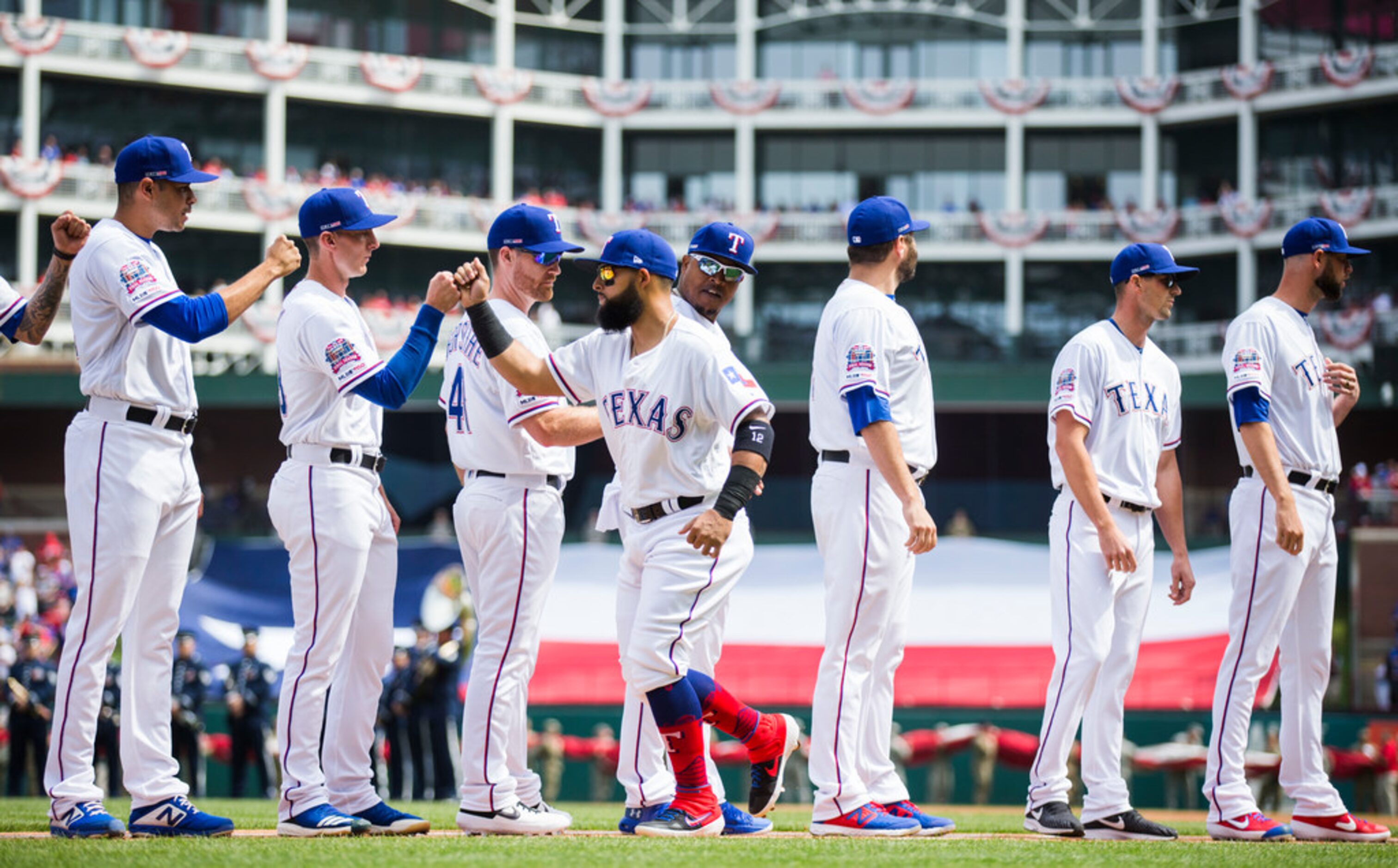 Texas Rangers second baseman Rougned Odor (12) is introduced on the field before an opening...