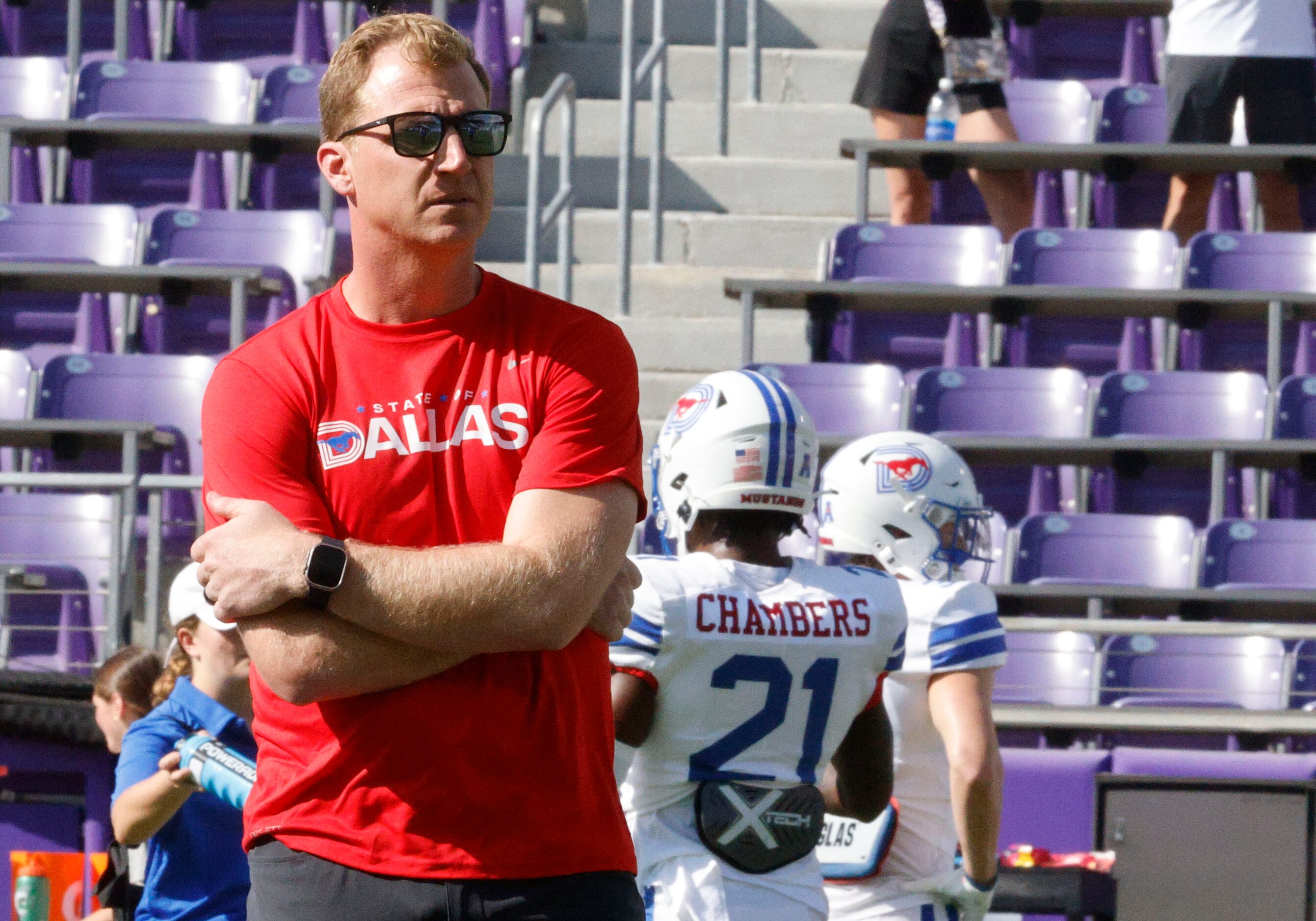 Southern Methodist Mustangs head coach Rhett Lashlee is seen before an NCAA college football...