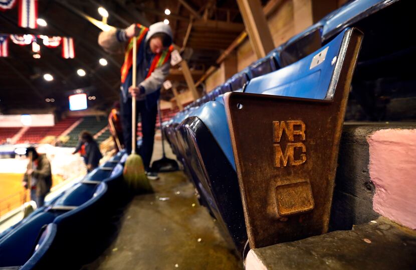 The WRMC (Will Rogers Memorial Coliseum) logo aisle seats have seen better days. Crews clean...