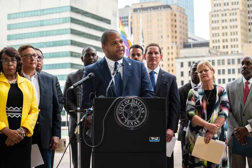 Dallas Mayor Eric Johnson conducts a press conference announcing a collaboration with Metro...