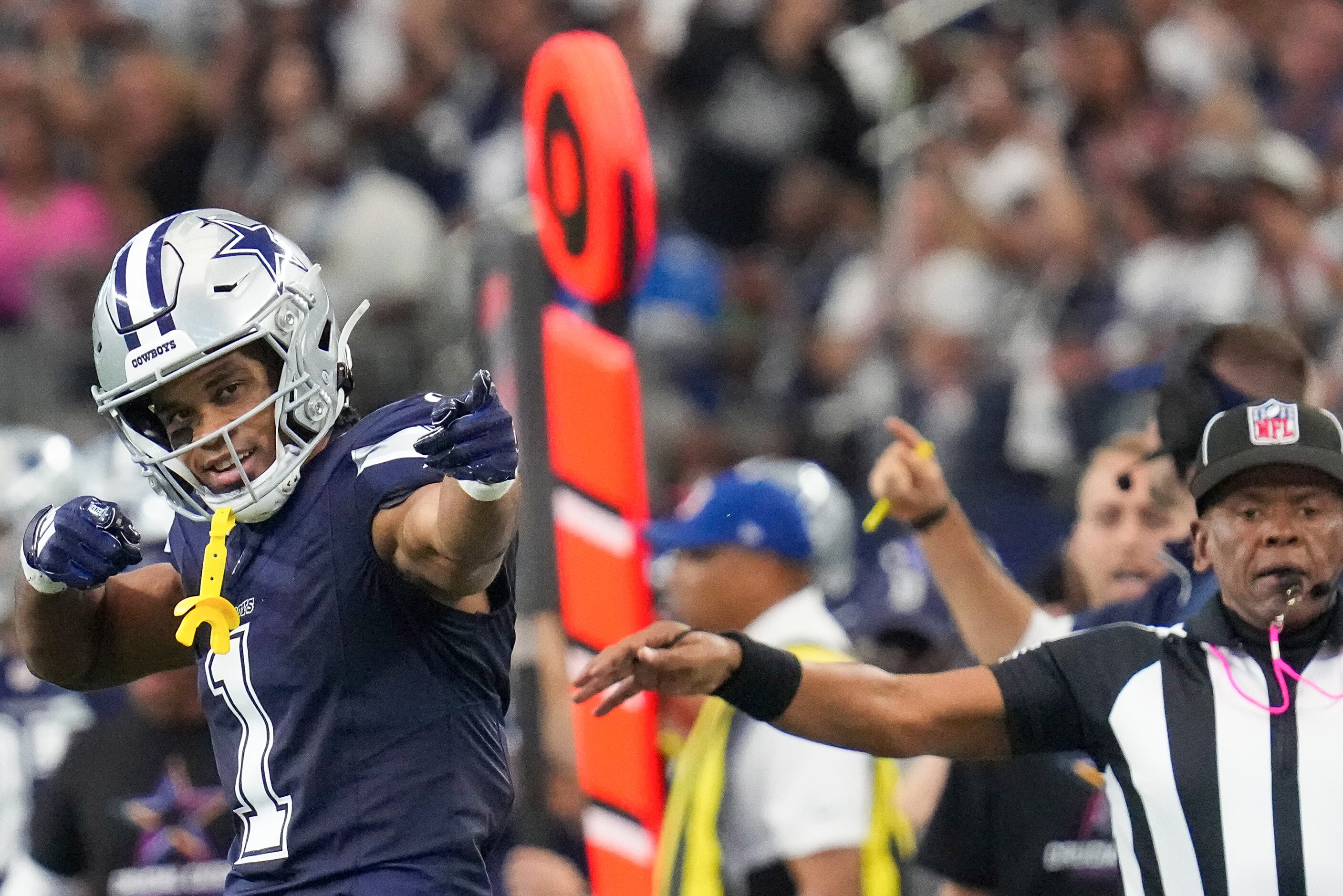 Dallas Cowboys wide receiver Jalen Tolbert (1)  celebrates after picking up a first down...