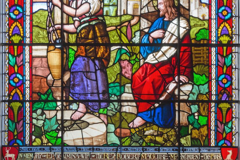 Jesus and Samaritans at well scene on the satined glass of St James's Church, Clerkenwell.