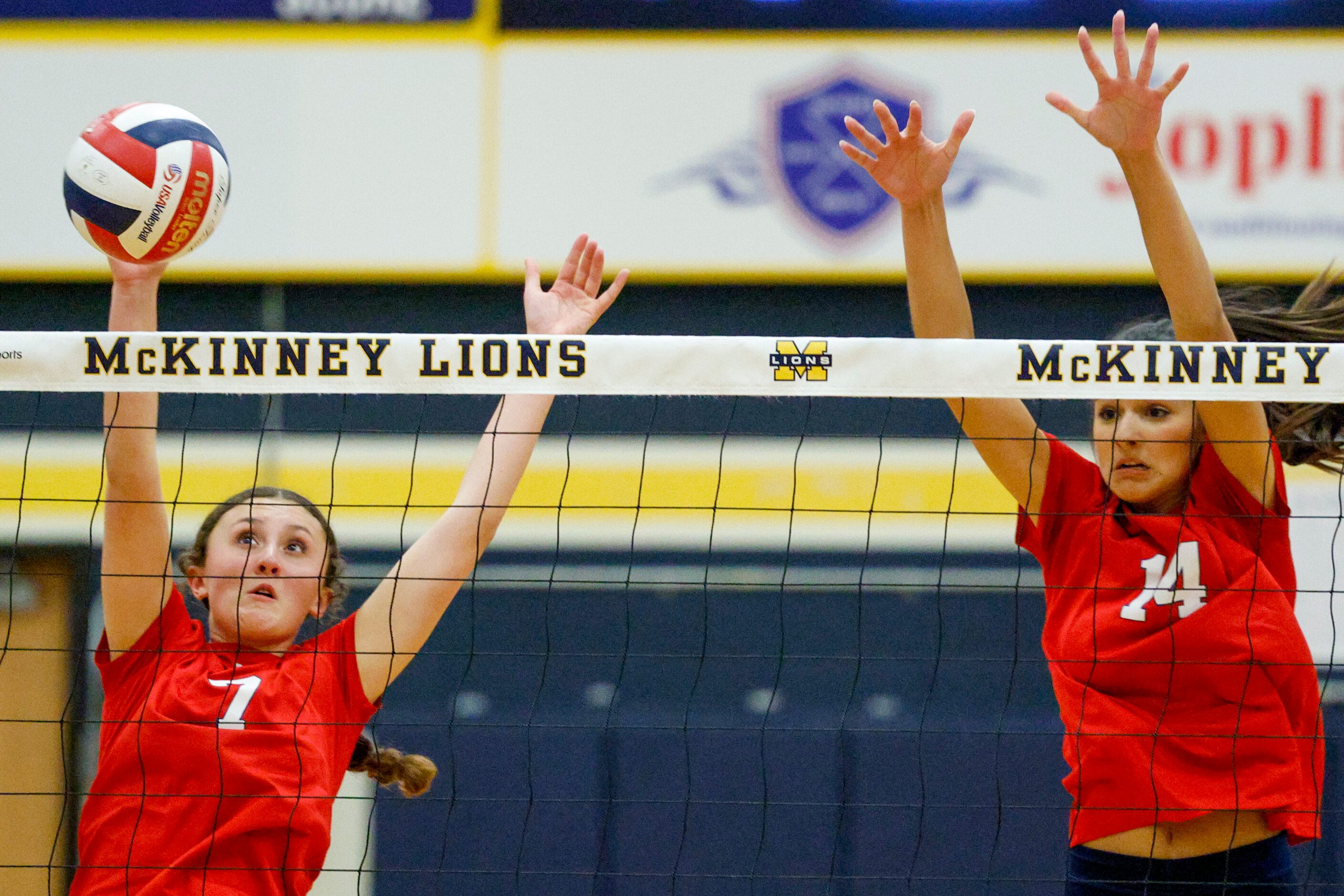 McKinney Boyd’s Sara Quigley (7) blocks a shot alongside teammate Keira Bose (14) during a...