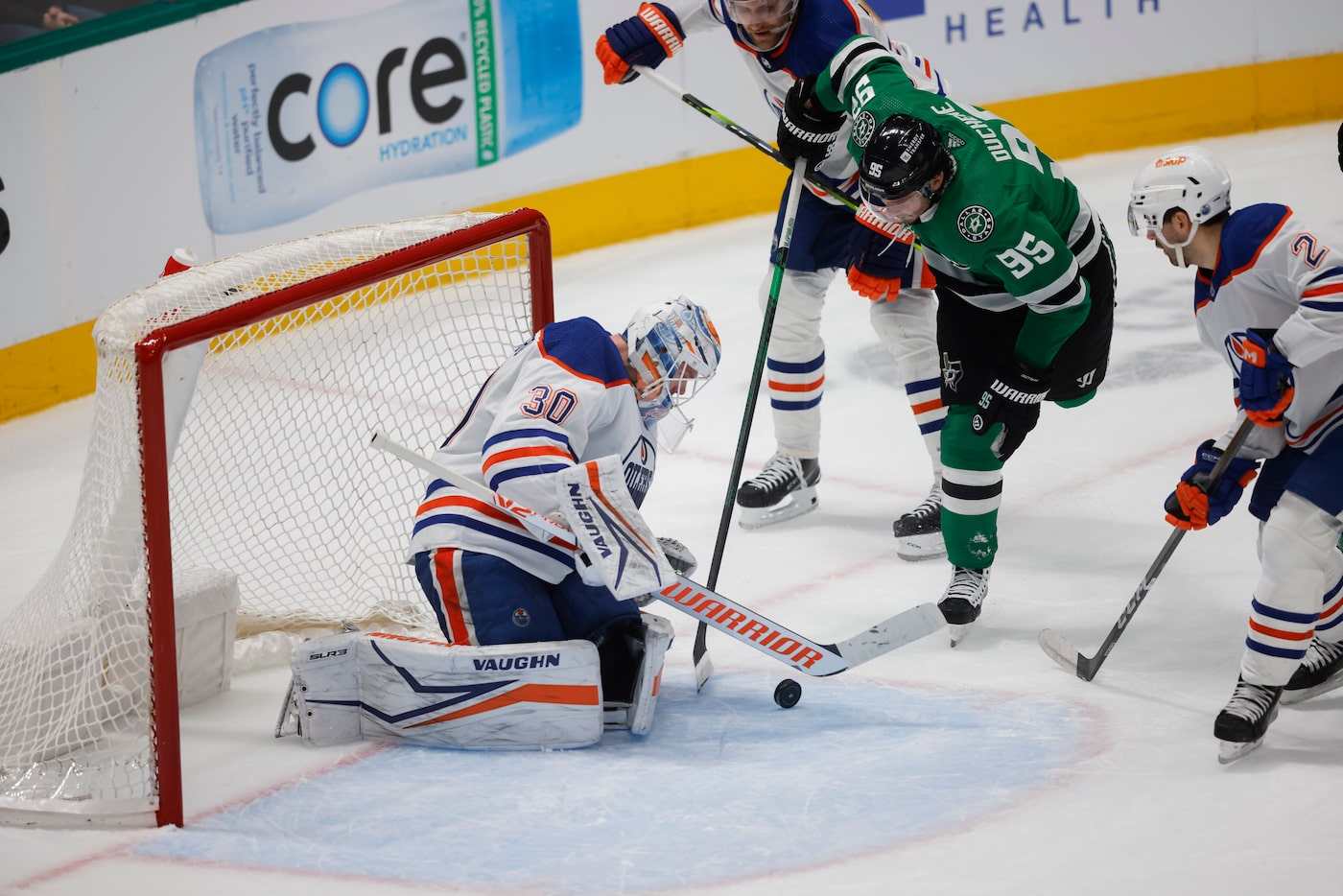 Edmonton Oilers goaltender Calvin Pickard (30) stops a goal attempt by Dallas Stars center...