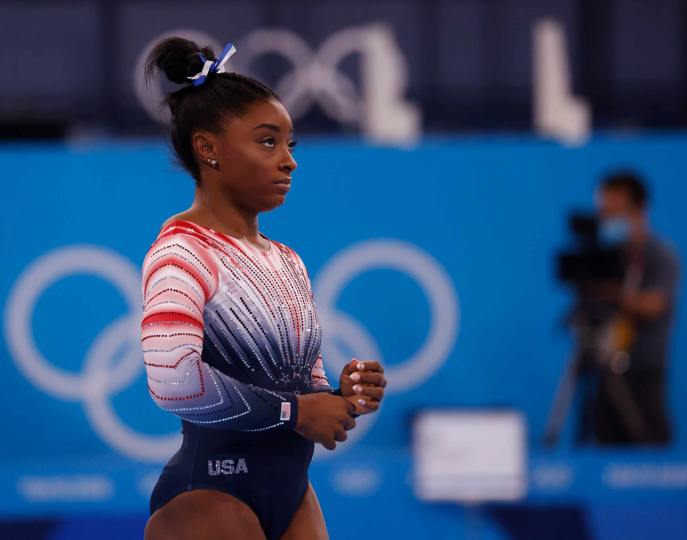USA’s Simone Biles before competing in the women’s balance beam final at the postponed 2020...