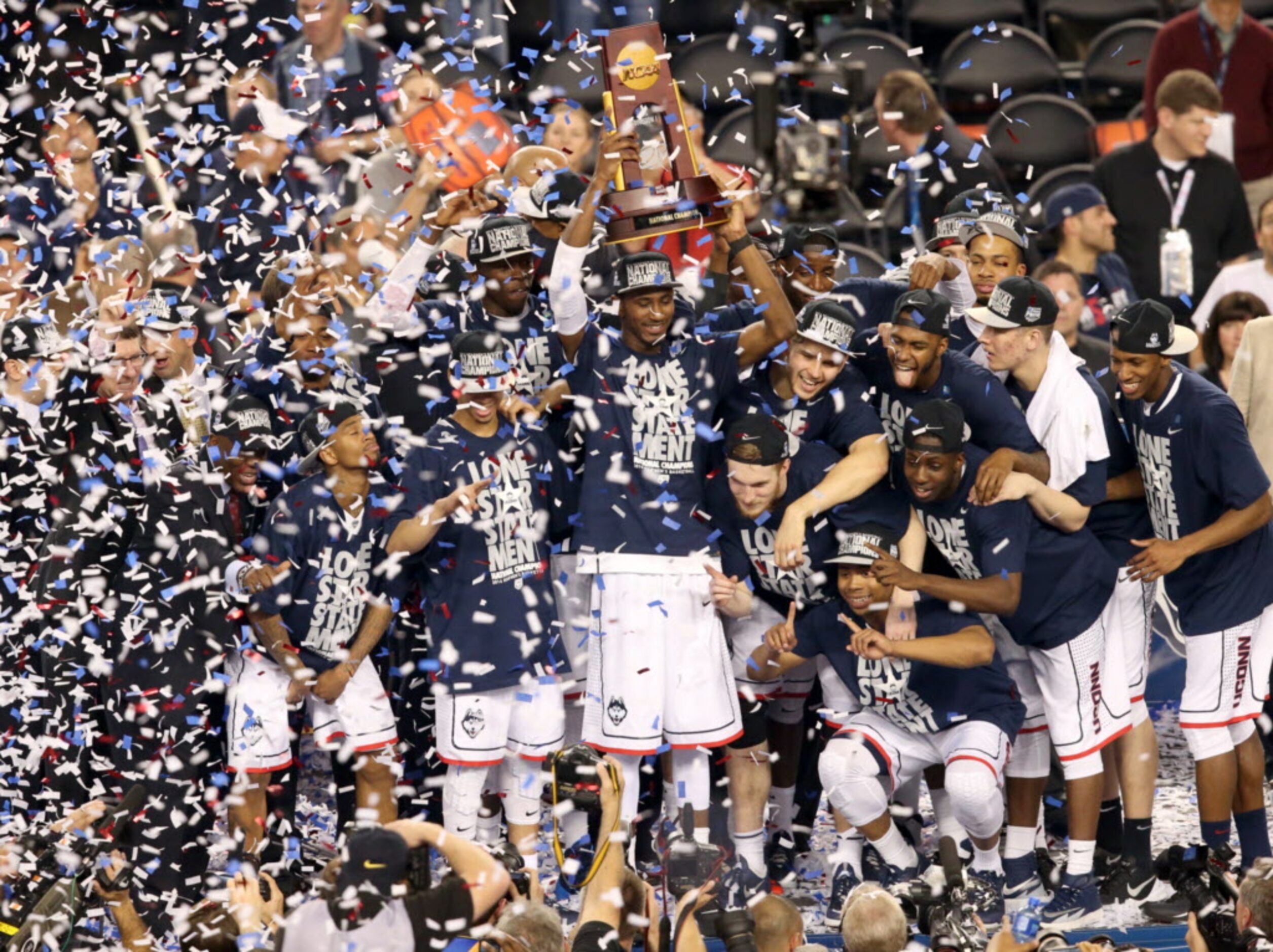 Connecticut Huskies celebrate after winning the NCAA Men's Basketball Championship game...