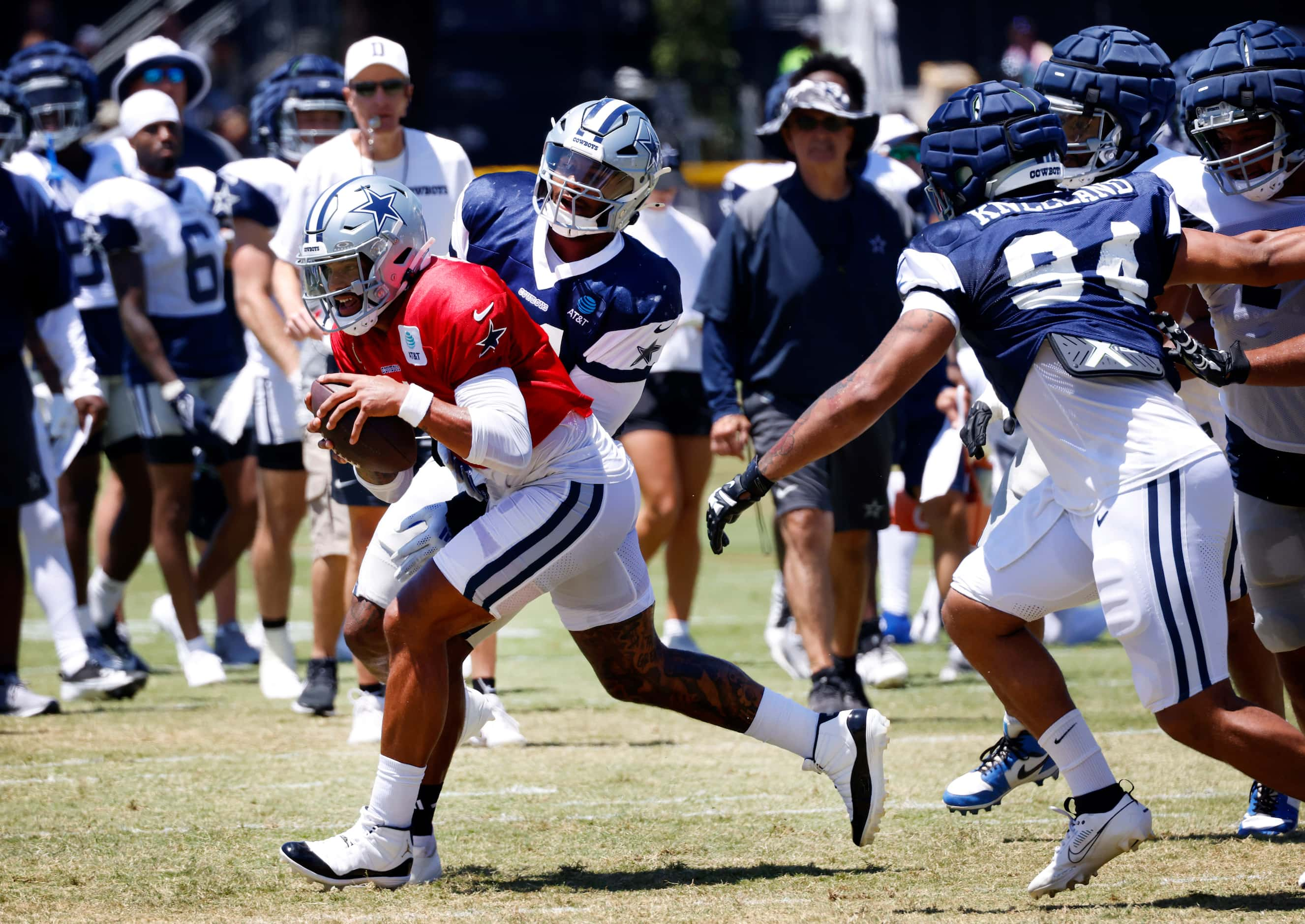 Dallas Cowboys linebacker Micah Parsons (11) gets a sack of quarterback Dak Prescott (4)...