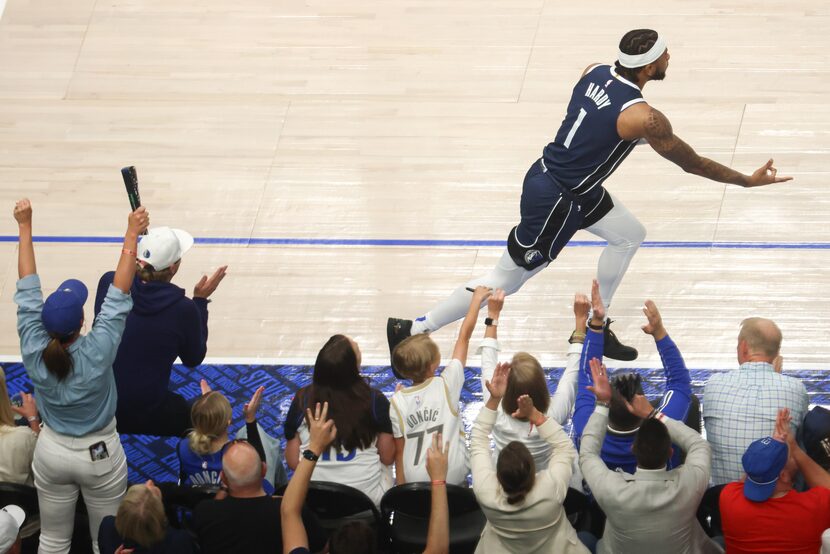 Crowd cheers as Dallas Mavericks guard Jaden Hardy (1) celebrates after hitting 3-pointer...