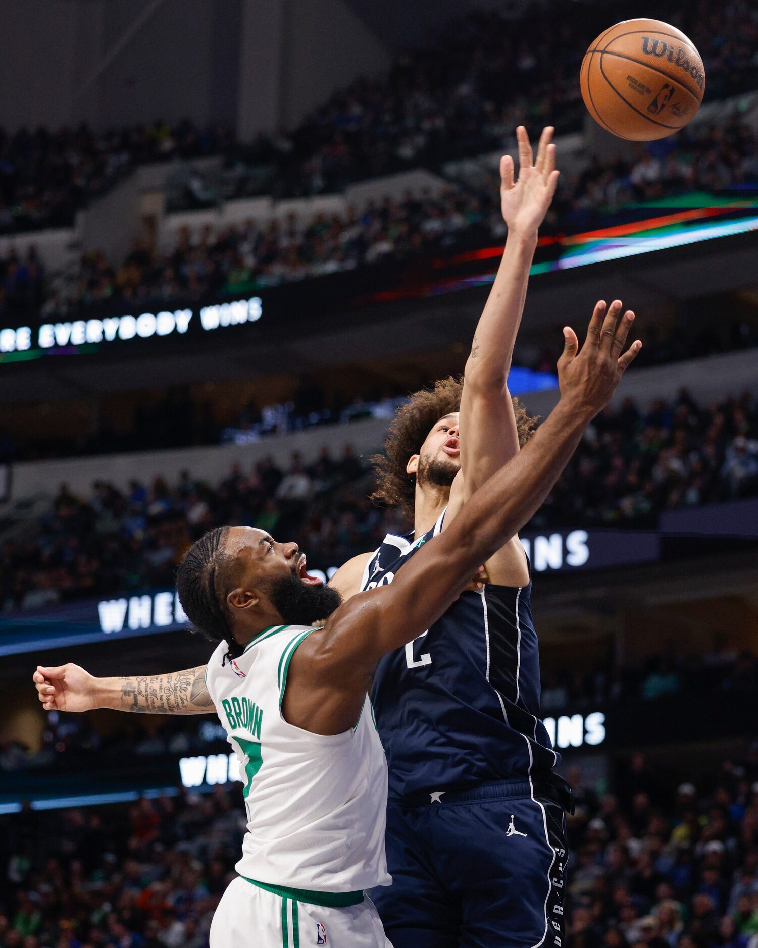 Dallas Mavericks center Dereck Lively II (2) blocks a shot from Boston Celtics guard Jaylen...