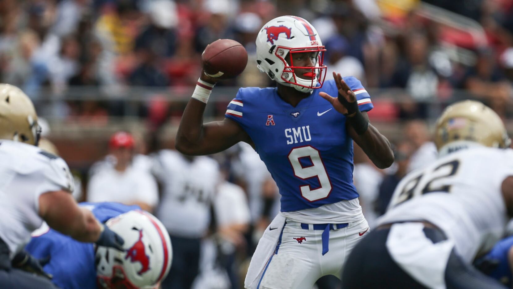 Southern Methodist quarterback William Brown (9) fires off a pass during a matchup between...