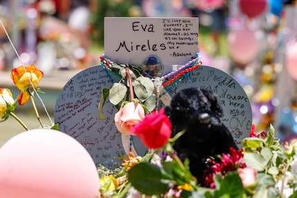 A memorial for Robb Elementary School shooting victim Eva Mireles, 44, at the town square in...