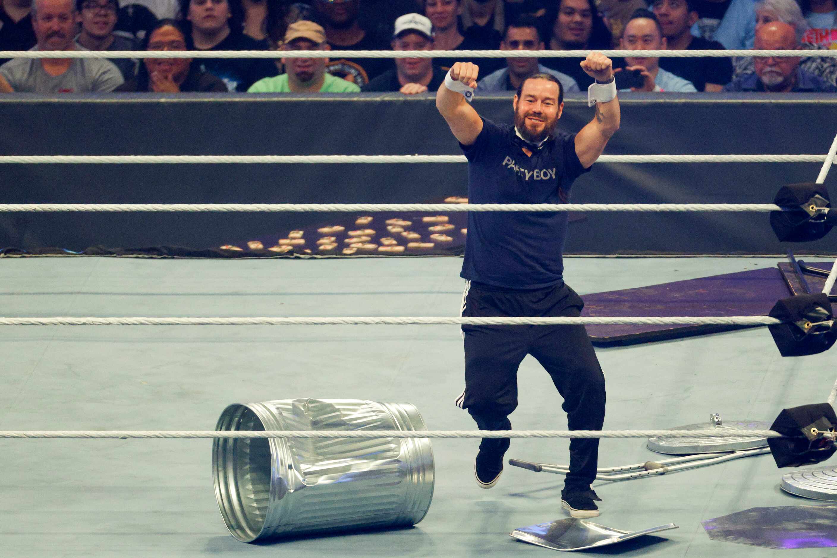 Chris Pontius dances in the ring during a match at WrestleMania Sunday at AT&T Stadium in...