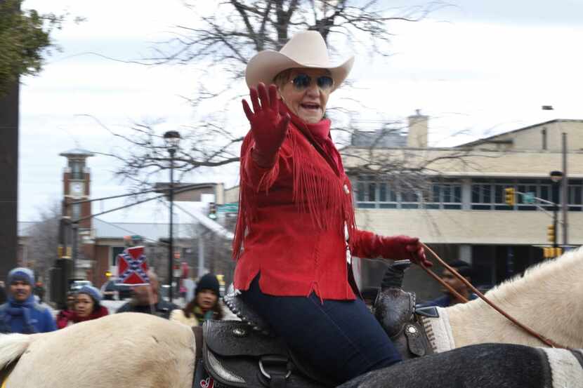 Fort Worth Mayor Betsy Price waves to supporters during the Fort Worth Stock Show "All...