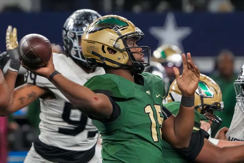 DeSoto quarterback DJ Bailey throws a pass during the second half of the Class 6A Division...