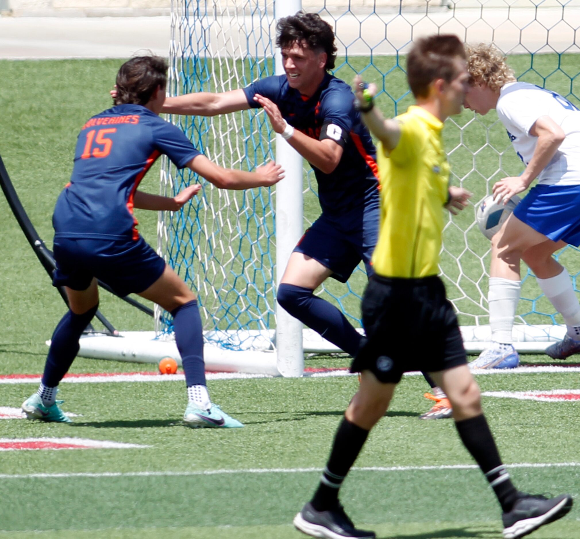 Frisco Wakeland midfielder Thomas Hayes (6), center, celebrates his goal with teammate Tyler...