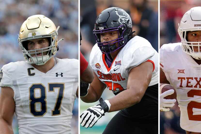 Who will the Cowboys select on Day 2 of the 2023 NFL draft? From left: Notre Dame TE Michael...