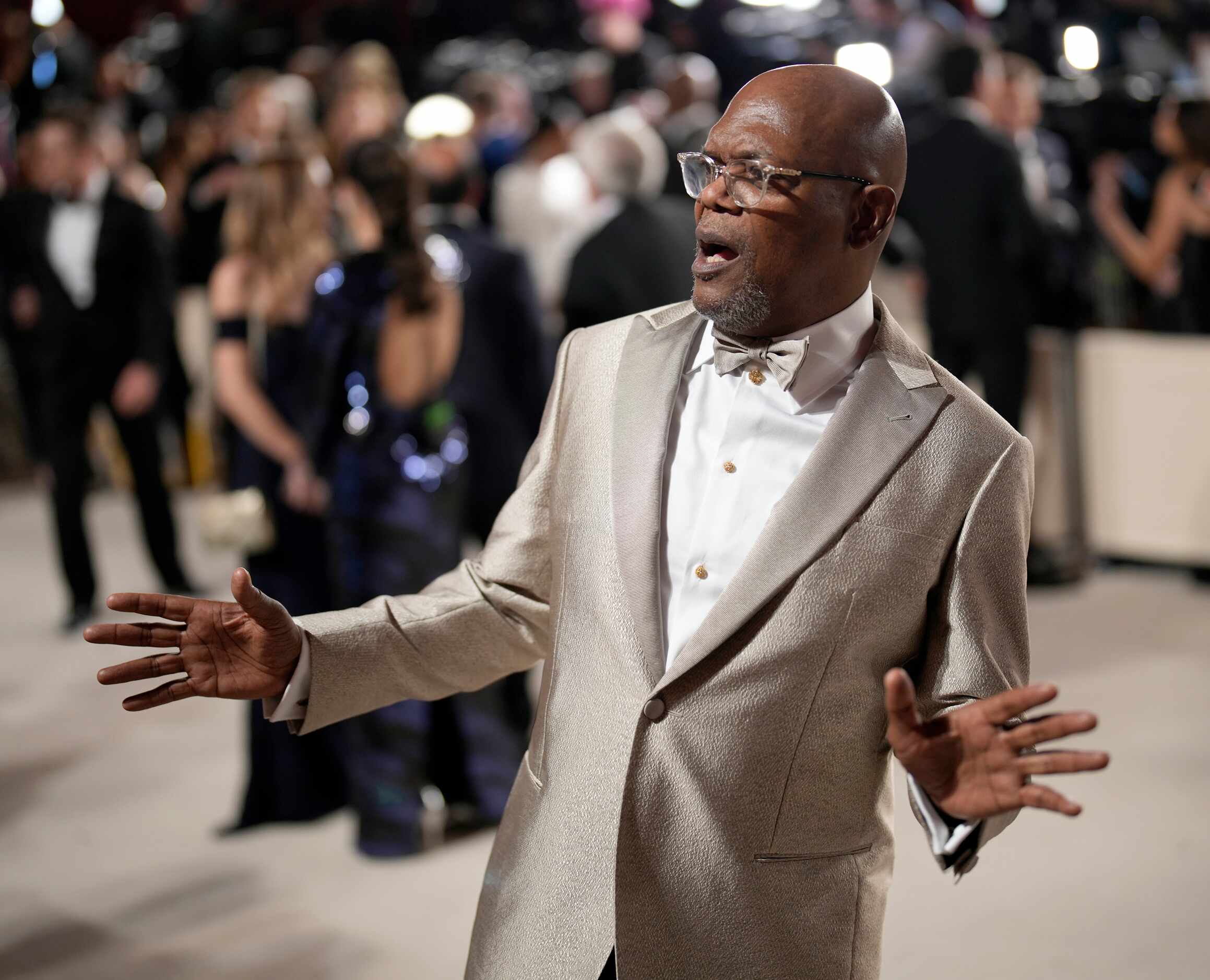 Samuel L. Jackson arrives at the Oscars on Sunday, March 12, 2023, at the Dolby Theatre in...