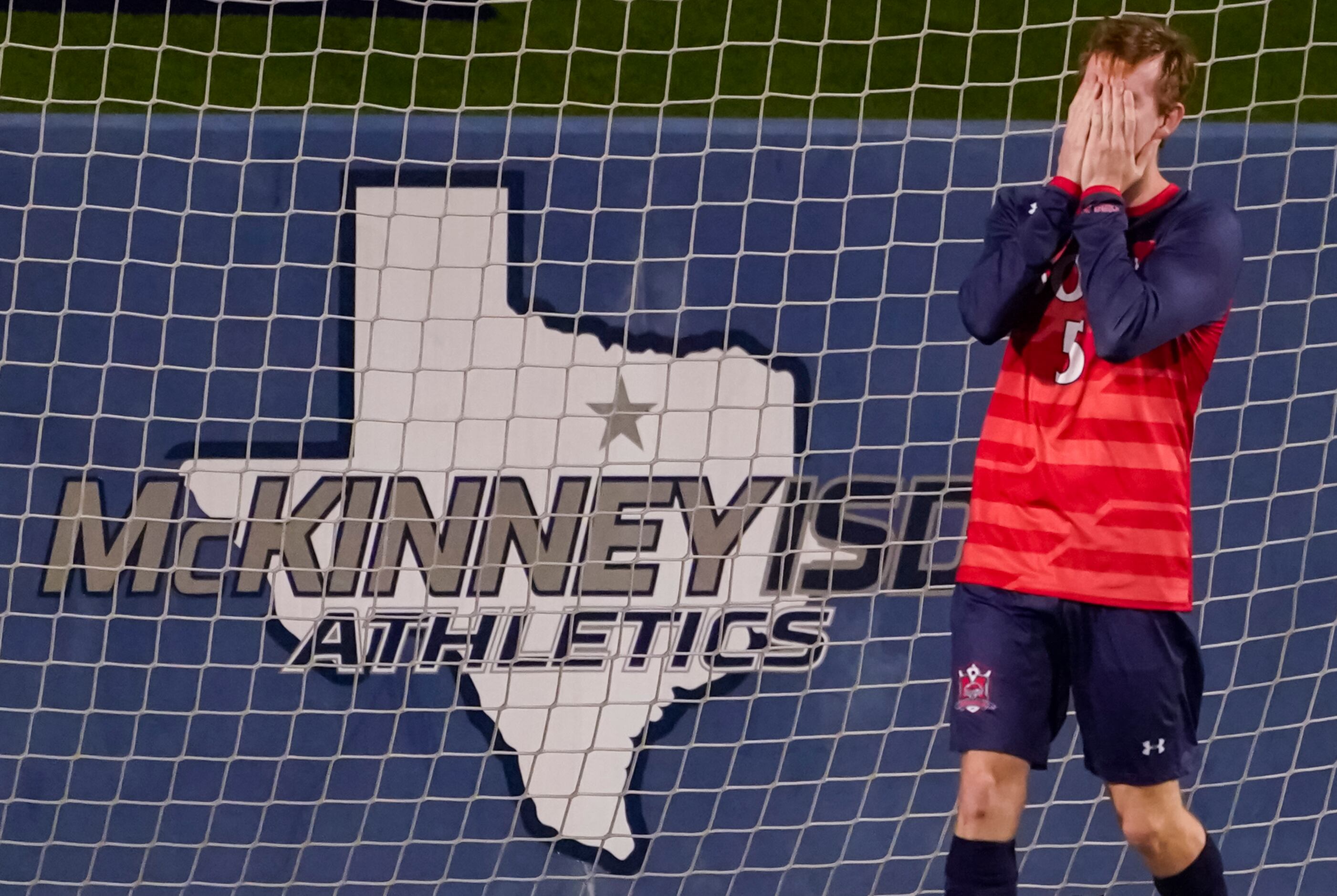 McKinney Boyd midfielder Casey Erickson reacts after a save by Jesuit goalkeeper Cole Hines...
