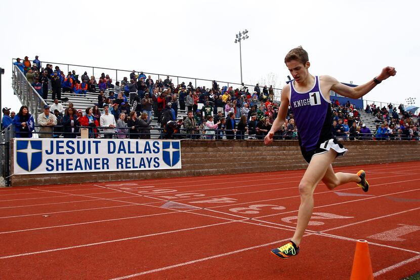 Carter Blunt of Frisco Independence runs away from the field in the 1600 meter run at the...