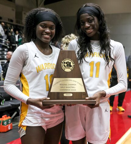 Frisco Memorial guard Jasmyn Lott (10) and sister Falyn Lott (11) hold their championship...