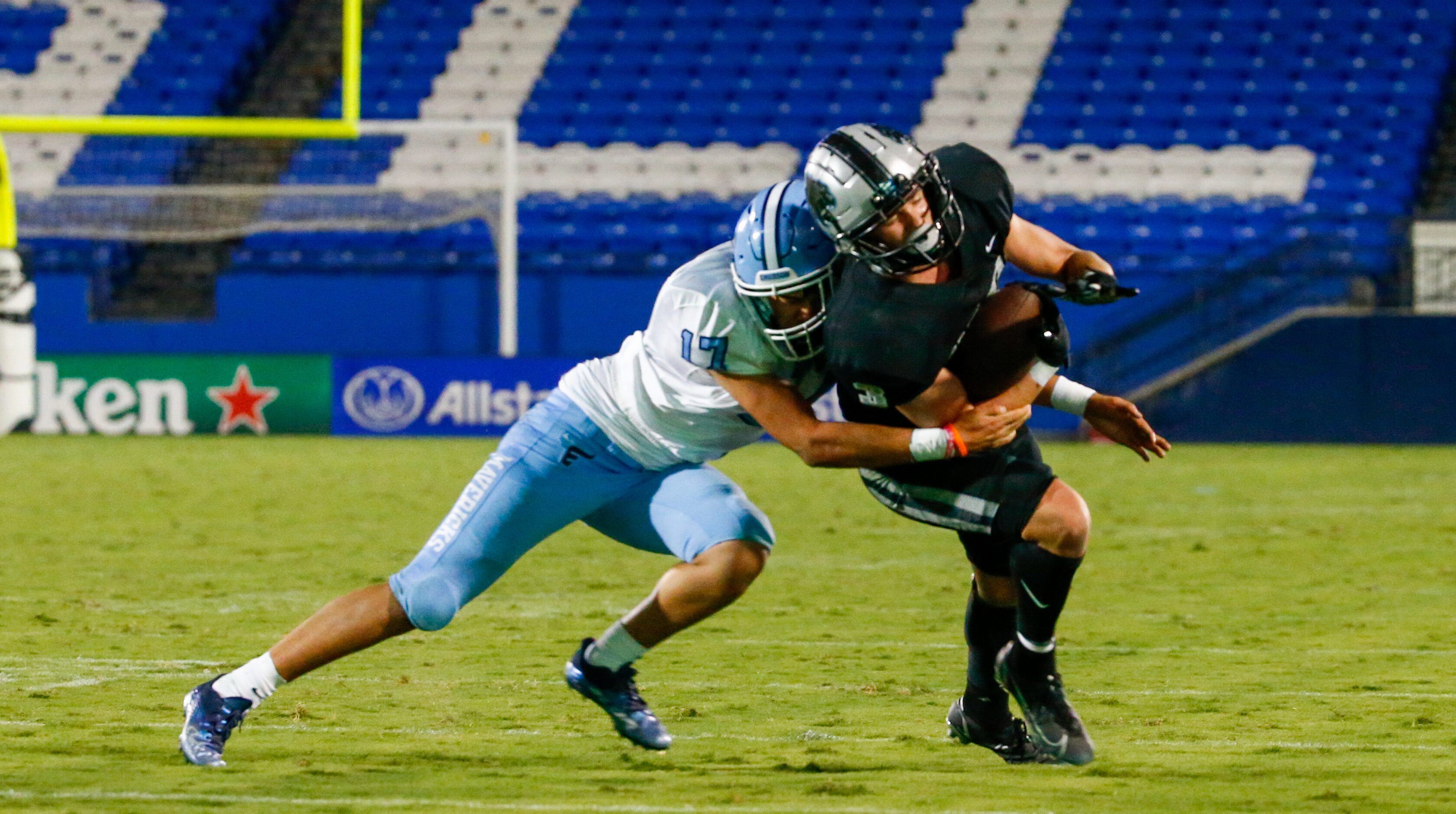 Emerson Mavericks defensive back Yechezkel Garcia (17) attempts to tackle Panther Creek...