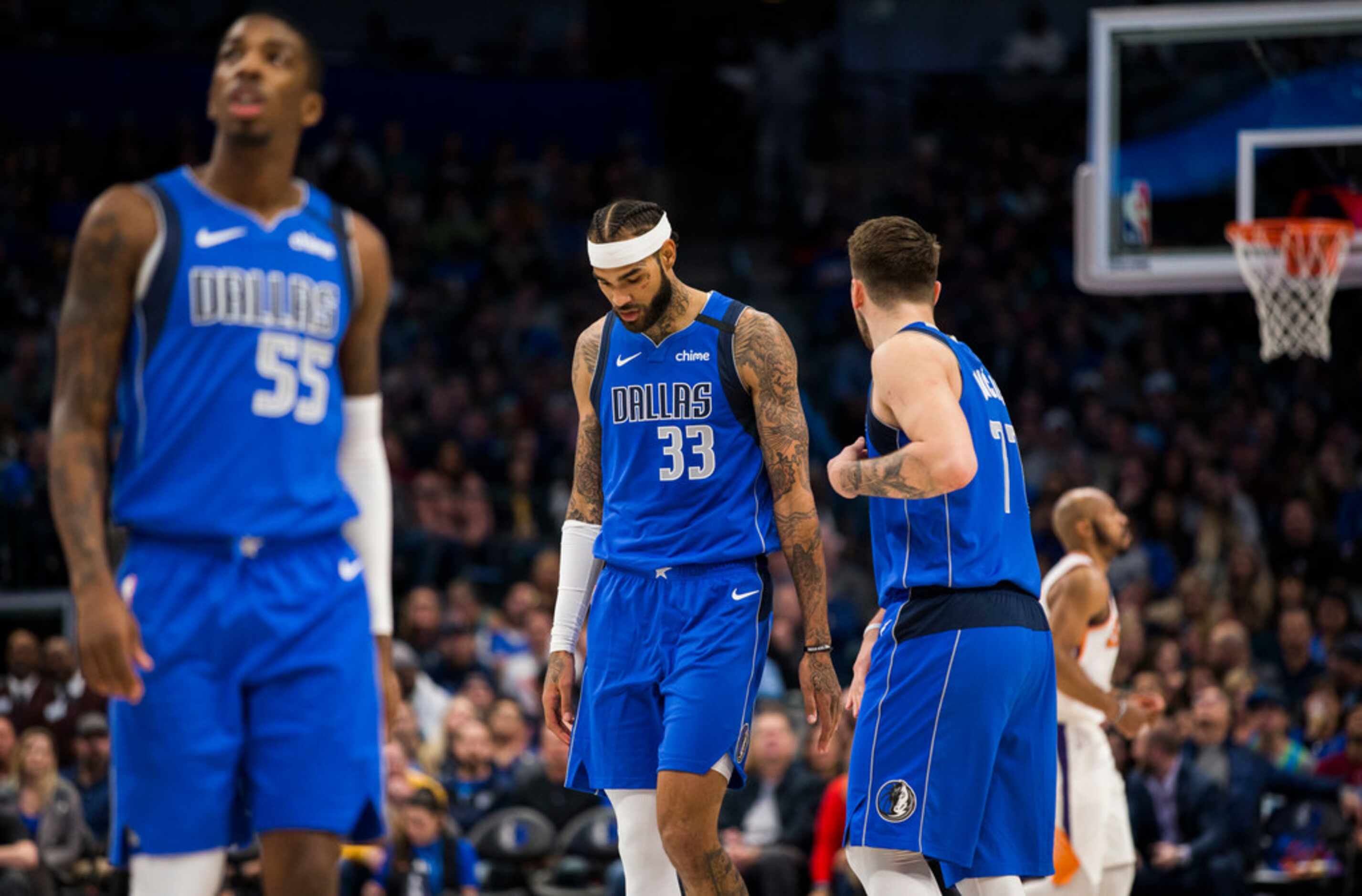 Dallas Mavericks center Willie Cauley-Stein (33) reacts to a missed shot during the first...