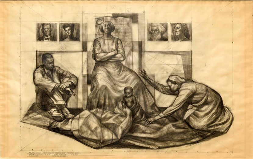 Charles White’s 1961 study for a mural on the Baccus Medical Building in Dallas combines the...