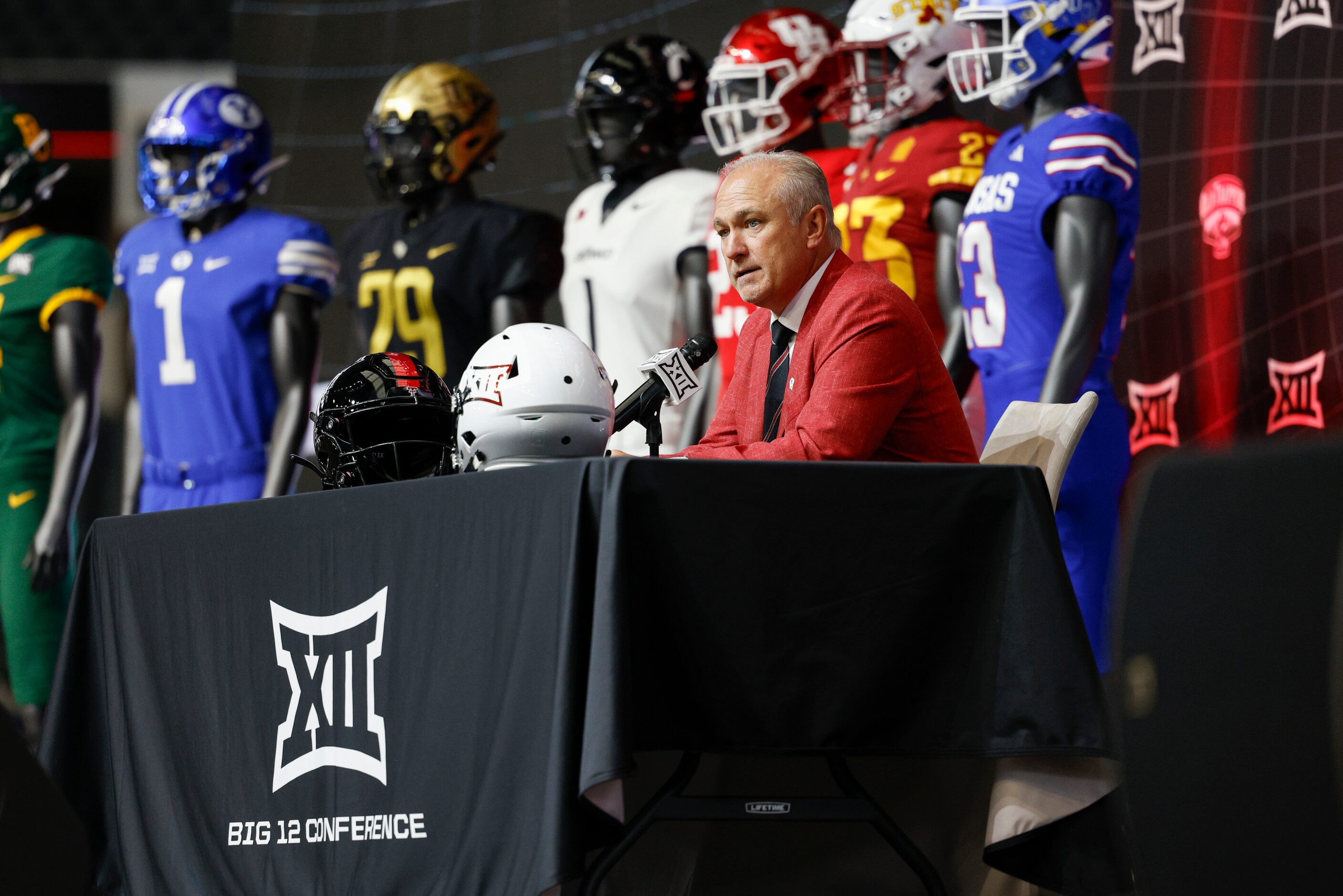 Texas Tech head coach Joey McGuire speaks during the Big 12 Media Days at AT&T Stadium,...