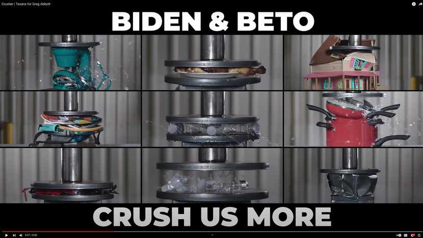 Gov. Greg Abbott's ad "Crushing Americans" links his opponent Beto O'Rourke to President Joe...