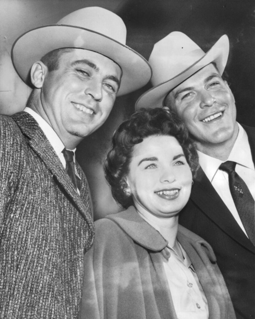 Texas football players Larry Stephens, Mrs. Darrell Royal, and Bobby Lackey upon arrival at...